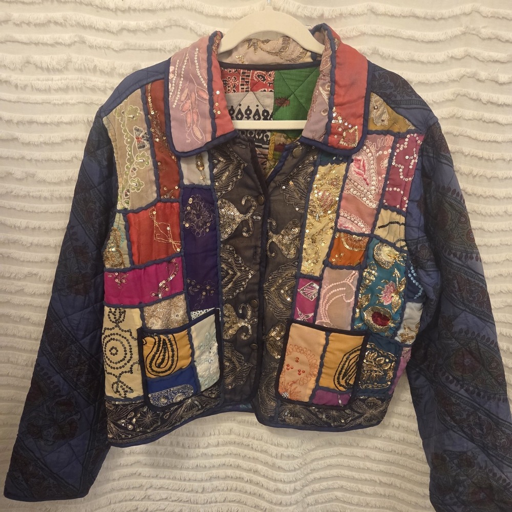 C:EED Vintage Silk Sari Patchwork Reversible Colorful Quilted Jacket Size L Flaw